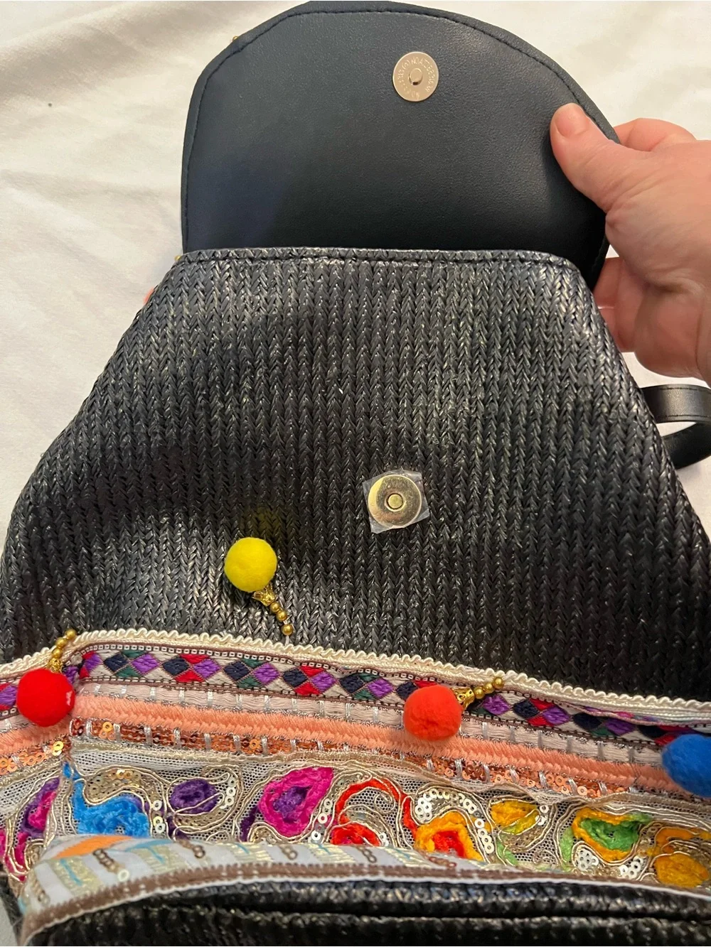 NWT Black Embroidered Mesh Sequins Boho Pom-Pom Woven Straw Backpack